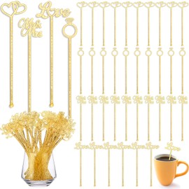 Reallnaive 150 Pcs Gold Glitter Plastic Swizzle Sticks 7. 5 Inch Wedding Cupcake Toppers Cocktail Drink Stirrers Reusable Drink Stirrers for Mixing Beverage Coffee Wedding Party Favor