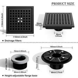 4-Inch Shower Drain Bathroom Tile Drain Strainers, for 2” or 3” Pipe Black Stainless Steel Shower Floor Drain Bathroom Inset with Flange kit Removable Grating Style Square Shower Drain Strainer