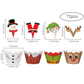 Christmas Cupcake Toppers and Wrappers 72 Pcs Xmas Party Supplies Favors, Snowman Santa Claus Reindeer Elf Funny Cupcake Topper for Baby Shower Birthday Graduation Wedding Party Decorations