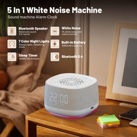 Sound Machine & Clock with Bluetooth 5.4, 14 Soothing White Noise Sounds, Night Light, Sleep Timer, 1000mAh Portable Rechargeable Sound Machine for Adults, Home, Travel, Office (White, Standard Size)