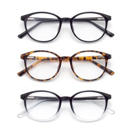 FoxMook 3-Pack Round Reading Glasses for Women Blue Light Blocking Spring Hinge Readers Computer Eyeglasses, C1_Black C3_Brown-Tortoise C5_Black-Clear 2.0 x