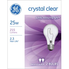 GE 97478 25-Watt 215-Lumen Decorative A19 Incandescent Light Bulb, Crystal Clear, 2-Pack