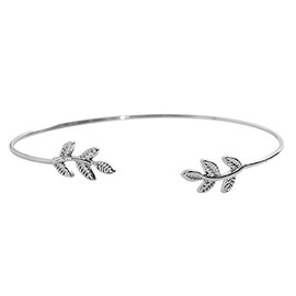Goldenchen Fashion Jewelry Olive Leaf Branch Bangle Adjustable Skinny Wire Open Cuff Bracelet for Women (Silver)