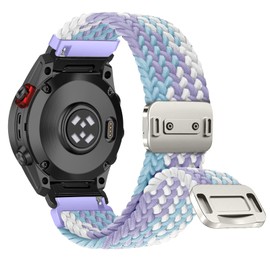 RanBluu QuickFit 20 mm Nylon Bracelet for Garmin Fenix 8 43 mm/Fenix 7S/Fenix 6S, Braided Replacement Strap, Elastic Wristbands with Magnetic Clasp for Garmin Descent Mk3Si, Purple & White & Blue