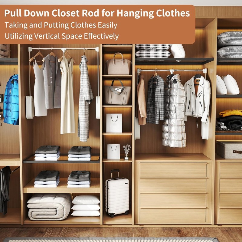 tonchean Heavy Duty Pull Down Closet Rod White, 60 Lbs
