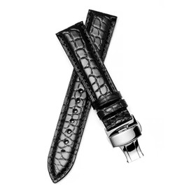 MUENShop Genuine Crocodile Leather Watch Strap with Folding Clasp 12 mm - 24 mm Black Brown Blue Alligator Replacement Watch Accessories Polished Watch Strap for Men / Women, black, Luxurious