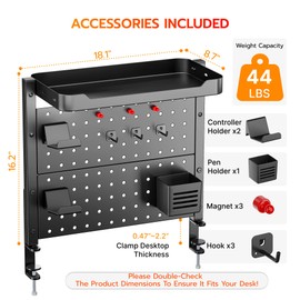 ARES WING Desk Clamp On Pegboard with 16 inches Organizer Shelf, Adjustable Above or Under Desk Storage Shelf Holds 44 lbs, Magnetic Metal Peg Board for Office and Gaming Accessories, Black