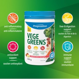 Progressive Health Progressive VegeGreens Strawberry Banana, Vegan Canadian-Made Superfoods + Daily Greens with 23 Whole Foods, Adaptogens, Anti-Inflammatory, Antioxidants & Digestive Support for Energy and Immunity, 265 g