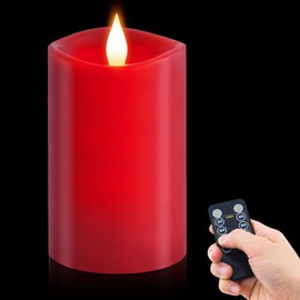 milysoek 1PCS, 3 x 5 inches Flameless Candle with Remote Control, 3D Flickering Wick, Real Wax Pillar LED Candles, Battery Candles,with Timer,for Holiday Home Decor, Red