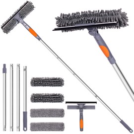 Professional 72'' Window Squeegee Cleaning Washing Tool/Kit with Extension Pole, 3 in 1 Squeegee for Window Cleaning Kit for High Window with 1 Rotatable Head 4 Interchangeable Scrubber