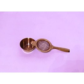 Ganam Brass single 14.5cm Long Handled Tea Strainer 4.5cm- with drip bowl boxed