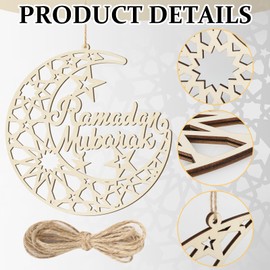 Ramadan Decorations Eid Mubarak Wreath Door Sign Wooden Hanging Signs, Kareem Hollow Ornament Moon and Stars, Moon Shape Ramadan Mubarak Party Wood Wall Hanger for Islamic Muslim Home Decor