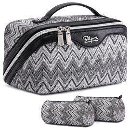 Travel Makeup Bag for Women: Western Boho Make up Bag Set of 3 - Large Capacity Vegan Leather Cosmetic Bag - Waterproof Toiletry Bag with Compartments & Handle & Divider(B-03Black)