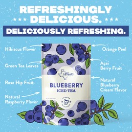 HTeaO Blueberry Green Tea – Texas-Style Flavored Iced Tea Bags for Summer – Instant Ice Tea Packets for Quick Brew - Loaded Tea Sachets Ready in 5 Minutes (16-Count, Makes 8 Gallons Total)