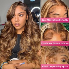 BMNH Ombre Honey Blonde Lace Front Wig Human Hair 13x6 Highlight Body Wave Lace Front Wig Glueless Pre Plucked With Baby Hair P4/27 HD Lace Frontal Wig 200% Density Colored Wigs 34 Inch