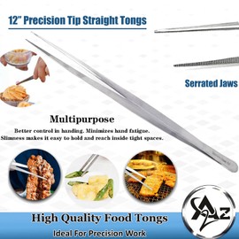 A2Z Scilab 12"Stainless Steel Long Food Tongs Straight Fine Tweezers Grill BBQ Kitchen Tong