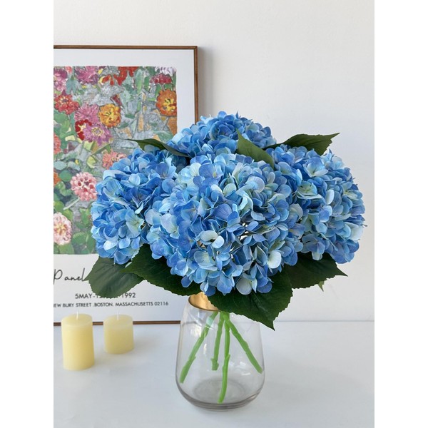 YalzoneMet 4Pcs Blue Silk Hydrangea Artificial Flower Lifelike Big Blooms