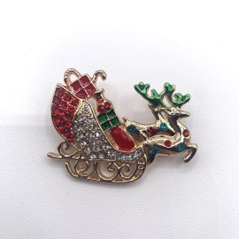 Unbranded Gold Tone Reindeer And Sleigh Christmas Holiday Gift Brooch Pin
