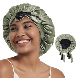 Hat Hut Satin Silk Bonnet for Sleeping Hair Wrap for Curly Hair Women Reversible Bonnet with Tie Band (AU, Alpha, One Size, Olive Green/Black)