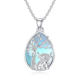 MEIDERBO Highland Cow Necklace 925 Sterling Silver Teardrop Moonstone Tree of Life Pendant Scottish Cattle Highland Cow Jewelry Gifts for Women