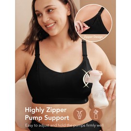 Pumping Bra Hands Free Zip Opening Design Seamless Nursing Bras for Breastfeeding High Support Nursing & Pumping Bra in One Black L