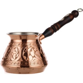 DEMMEX 15 Oz Thickest Copper Turkish Greek Arabic Coffee Pot, Stovetop Coffee Maker, Cezve Ibrik Briki with Wooden Handle & Spoon, Hand Engraved (Copper, 6 Servings)