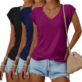 Huukeay 3 Pack Women’s V Neck T Shirts, Cap Sleeve Summer Casual Tops Loose Fit Short Sleeve Tees 2025 Trendy Shirts(Black, Navy Blue, Fuchsia,Large)