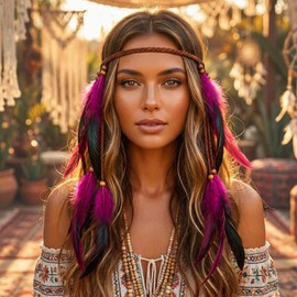 Fashband Indian Feather Headband Boho Tassel Hippie Tribal Headpiece Festival Hair Accessoriess for Women (Purple, One Size)