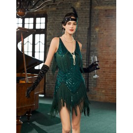 SWEETV Great Gatsby Dresses for Women,Green Flapper Dresses 1920s Fringe Cocktail Party Dress Roaring 20s Costumes With 20s Accessories Set For Harlem Nights/Formal/Prom/Club/Wedding,Small