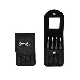TWEEZIA Juego de Pinzas de Acero Inoxidable - 4 Pinzas de Precisión con Espejo y Estuche de Cuero - Kit Ideal para Cejas, Pinzas para Vellos Encarnados, Kit de Eliminación de Astillas o Pinzas