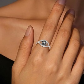 YVLSS 925 Sterling Silver Turkish Evil Eye Rings for Women, Cubic Zirconia Evil Eye Signet Ring Mother Day Jewelry Protection Lucky Gift Size 6-10 (7)