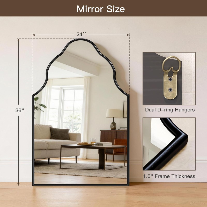 Scalloped Bathroom Mirror, 36" x 24" Arched Black Vanity Mirror