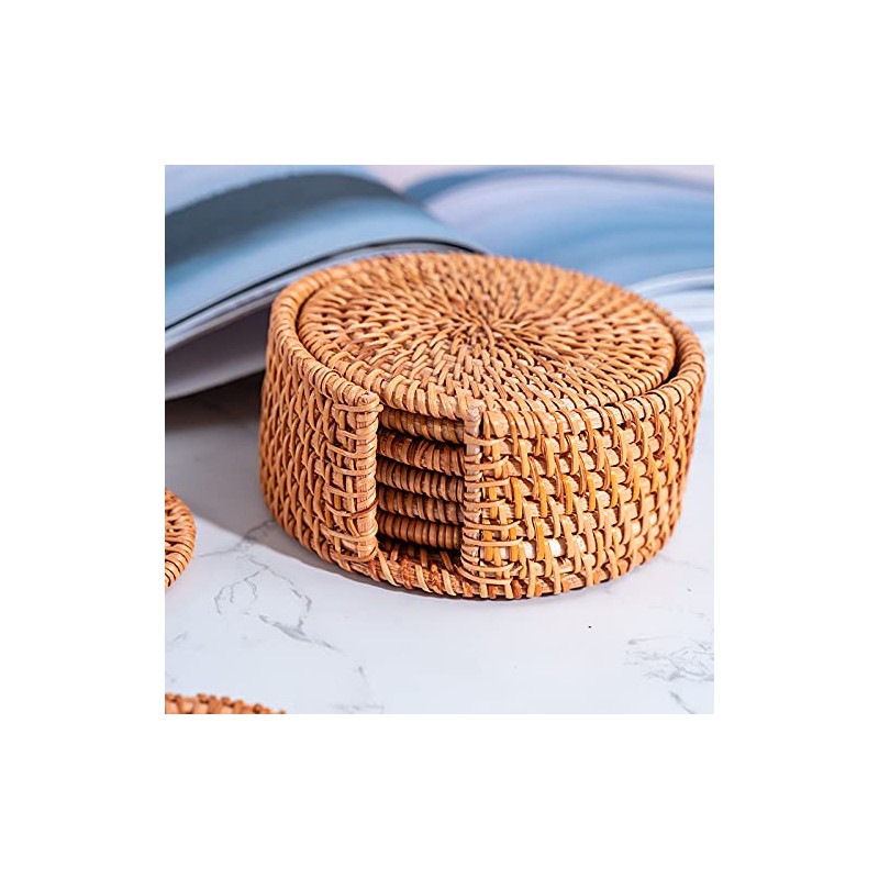 ROSSRORE Handwoven Natural Coasters Set - Boho Seashell & Rattan
