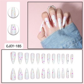 Rainbow Shiny Powder Long Coffin Press On False Nails Medium Length Full Cover Acrylic Fake Nails Ballerina Nails for Women Lady Gifts Summer Nails for Salons Home DIY Nail Art 24PCS (CJCY-185 White)