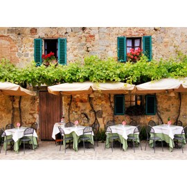 Loccor Fabric 9x6ft Italian Town Cafe Backdrop for Wedding Photography Tuscany Stone Building Backdrop Restaurant Cafe Tables Chairs Background Europe Travel Party Decorations Portrait Photo Props