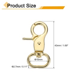 sourcing map 6Pcs Swivel Snap Hook, 15mm(5/8") Trigger Snap Heavy Duty Metal Lobster Claw Clasp Lanyard Clips for Straps Bags Belting Leathercraft, Light Gold