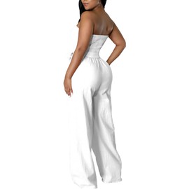 FairyLove Women's Strapless Tube Top Rompers Casual Off Shoulder Solid Color Belted Wide Leg Jumpsuit with Pockets White