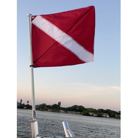 Dive Flag 20" x 24" with 4 Ft Pole for Boat T-Top or Rocket Launcher Rod Holder Mount 48" Fiberglass Flagpole with Foam Grip and Gimbal Butt Cap and Bungee Retainer used for Diving, Scuba, and Spearfishing