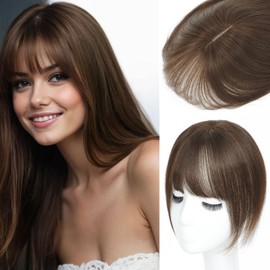 ELEVAVE Hair Toppers for Women Real Human Hair, 360°3D Cover Toppers Pieces for Women with Thinning Crown Wispy Clip in Bangs 10 Inch (Medium Brown)