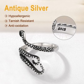 SILVERCUTE Chunky Octopus Finger Ring Mens Womens Gothic Costume Jewellery Sterling Silver Adjustable Mood Rings for Teen Girls