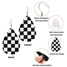 Faux Leather Earrings Checkerboard Black White Teardrop Dangle Earrings Jewelry For Women