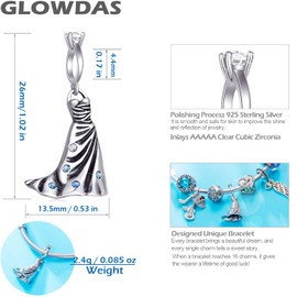 925 Sterling Silver Wedding Ring Charm Wedding Dress Dangle Fit European Valentine's Day Bracelet, Strapless Evening Dresses Necklace Pendant with Crystal, Gifts for Women/Bride/Anniversary, Sterling