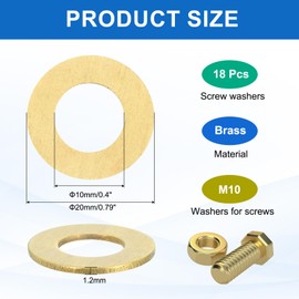 sourcing map 18 Pack Brass Flat Washer, M10 Copper Washers Crush Washer Kit Assortment, 10mm ID, 20mm OD, 1.2mm Thick for Bolts Screws Machinery Repair, Outdoor Construction