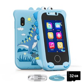 T-JERZENS Digital cameras, gifts for boys and girls aged 3-8, fake dinosaur toys, mobile phones, music, dual camera games, birthday gifts - Color: Blue-32GB