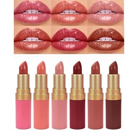 Set De 6 Labiales Con Glitter Brillante En Tonos Nude, Rosa, Marrón, Rosa Oscuro Y Rojo. Brillo De Labios Metálico Brillante, Resistente Al Agua Y De Larga Duración. Un Regalo Perfecto Para Lu