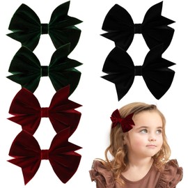 6PCS 4" Velvet Hair Bows Clips Barrettes for girls, Velvet Bows Ponytail Pigtail Bows Alligator Clips Accessories for Little Girls Toddler Kids Teens (Set 2 Red+Black+Green)