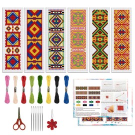 ORIGACH 6 Pcs Cross Stitch Bookmark Kit for Beginner with Backing Felt Floss Instruction Vintage Patterns Background DIY Stamped Embroidery Bookmark Kit for Starter Book Lovers
