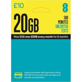 EE PAYG £10 Data Sim Includes £10 pre-paid credit, 8GB Data, 500 Minutes and Unlimited Texts (EE £10-20GB)_ Sold by Stay Connected