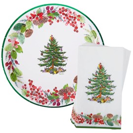 Spode Christmas Tree Dinner Party Set - Includes Eight 10-inch Dinner Paper Plates and 16 Guest Dinner Paper Napkins