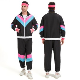 80s Tracksuit for Men Women 80s 90s Retro Windbreaker Outfit 80s Costume for Couples Track Suit 90s Color Bock Sportwear, Black, Large